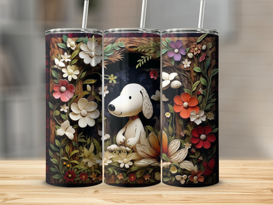Cute Dog Illustration Tumbler with Floral Motif Design