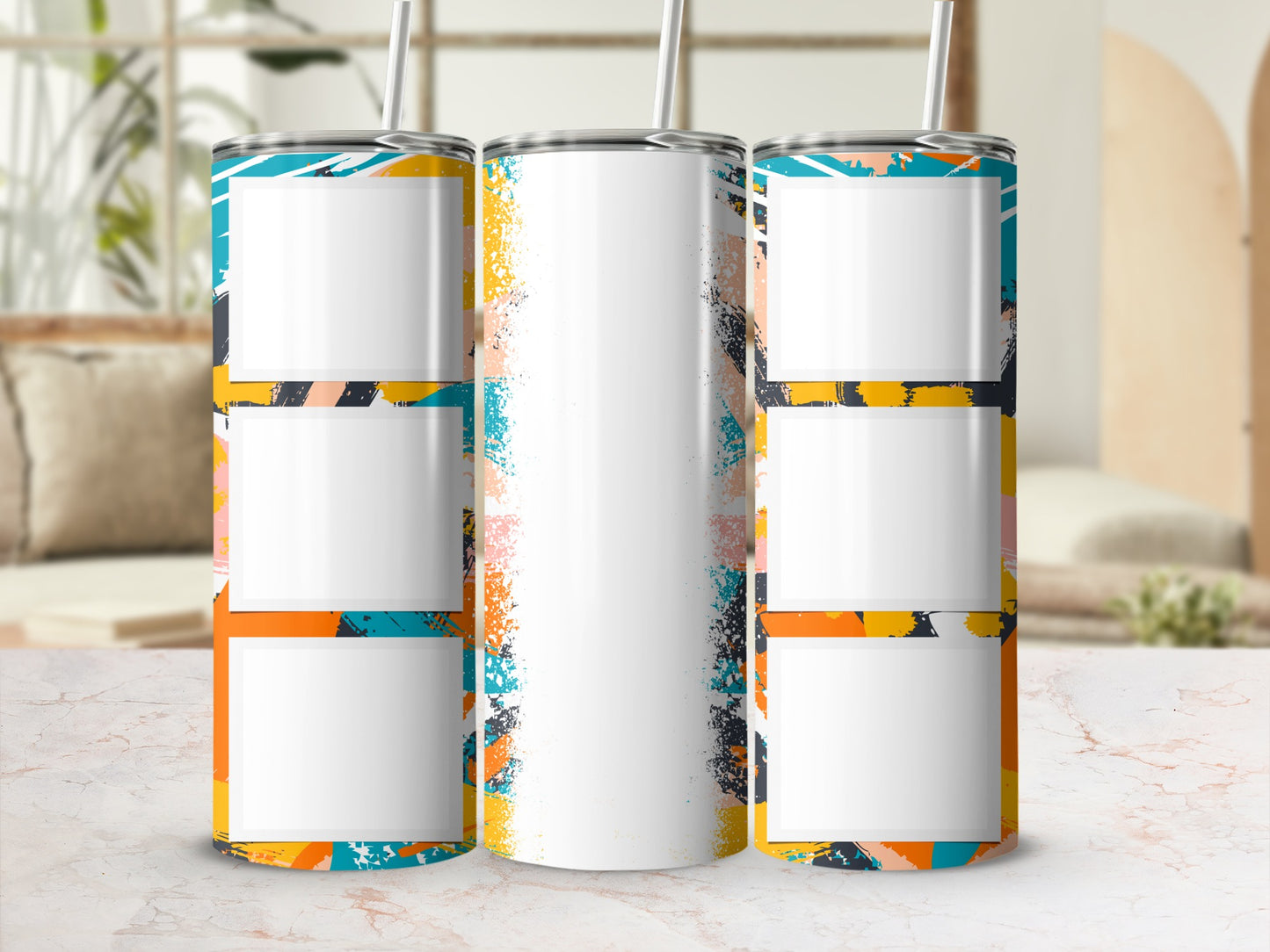 Three blank white tumblers with colorful abstract art patterns.