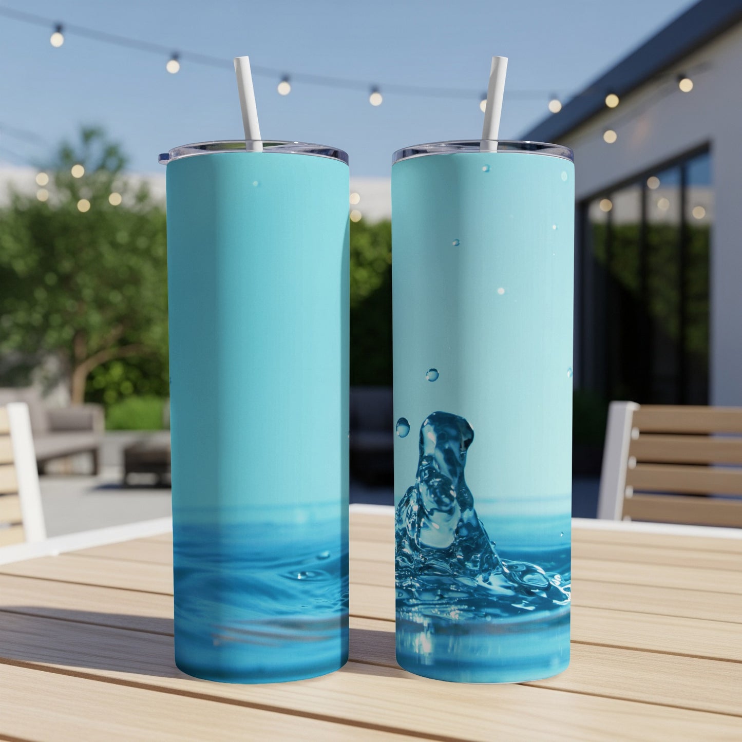 Two blue tumblers with straw on a wooden table, one with a water splash.