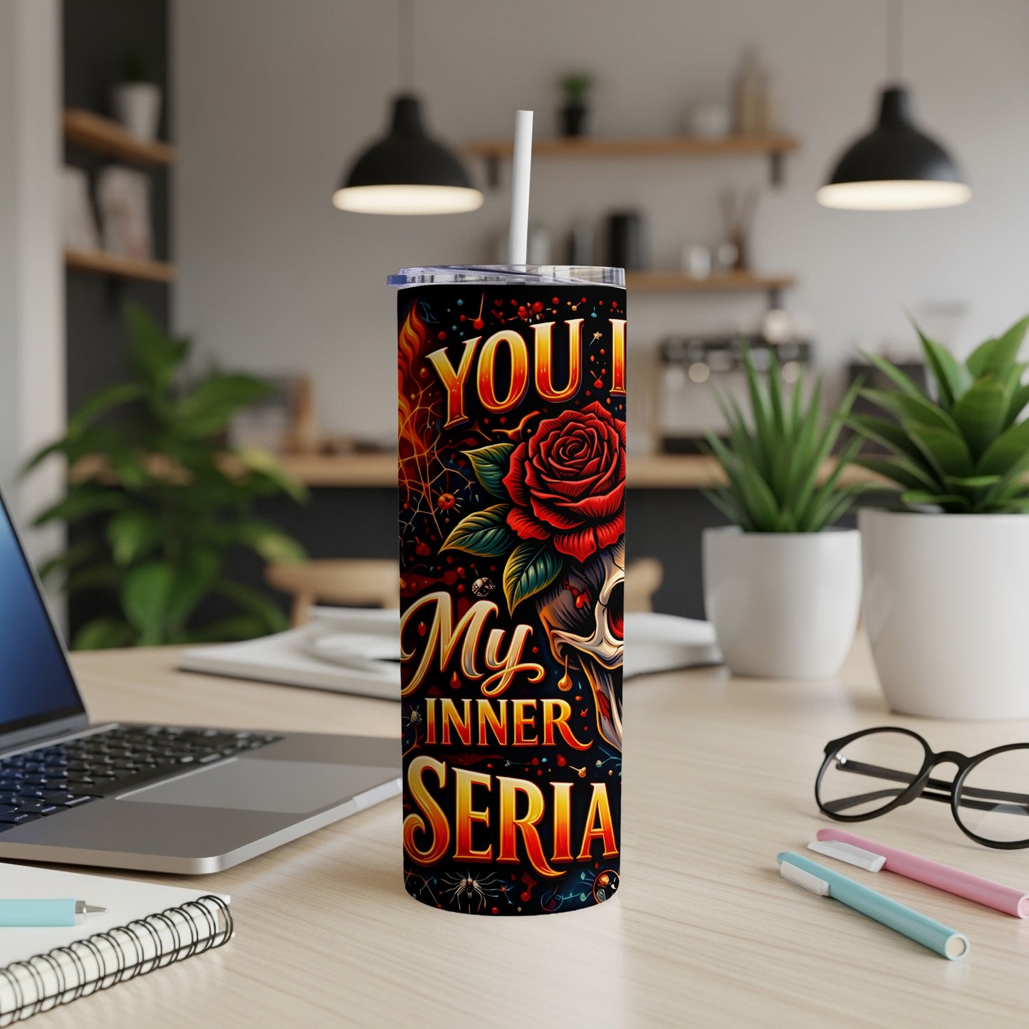 Tumbler with skull, rose, and "You ! My Inner" text.