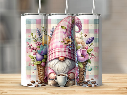 Gnome holding coffee cup with Easter basket and flowers, plaid background.