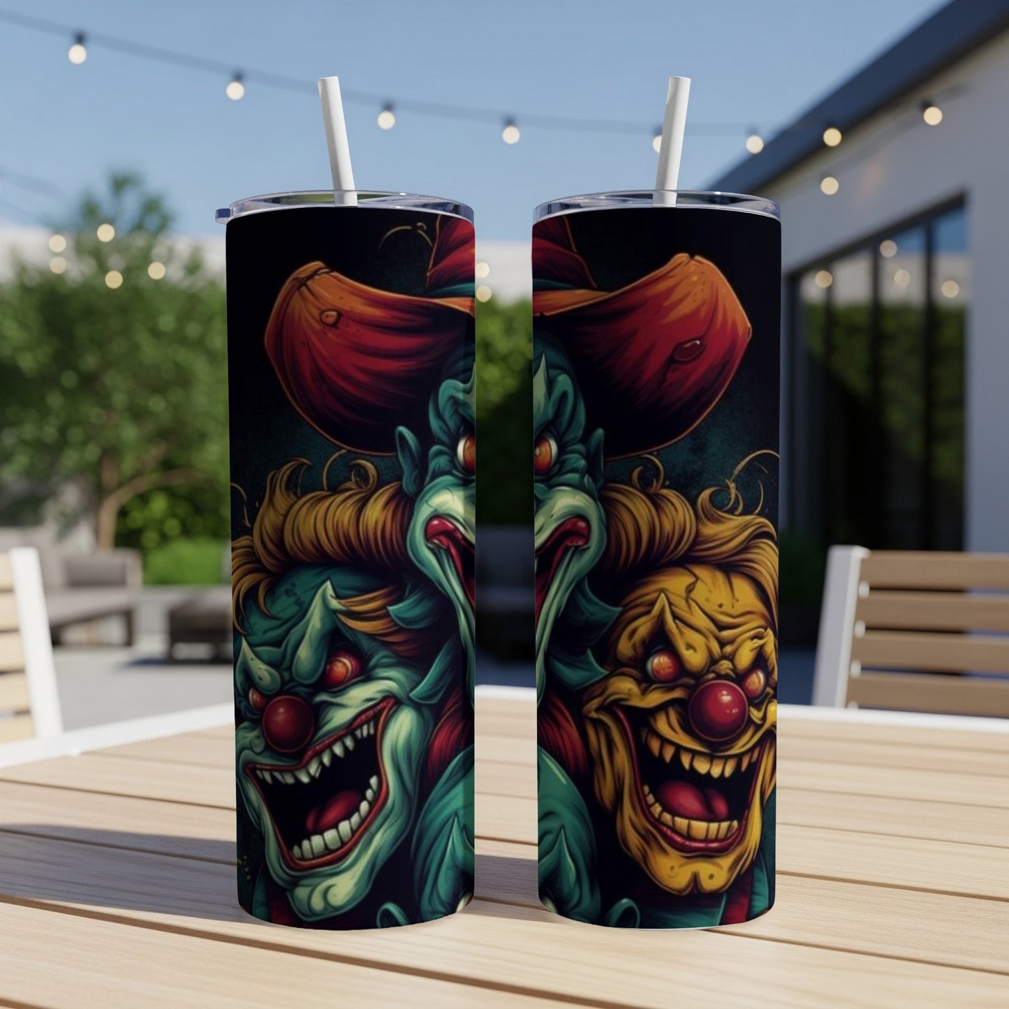 Two tumblers with creepy clown faces and red hats are displayed outdoors.