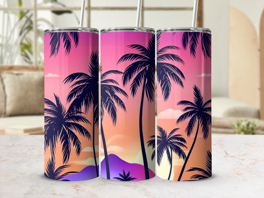 Palm trees silhouetted against a vibrant pink and orange sunset gradient.
