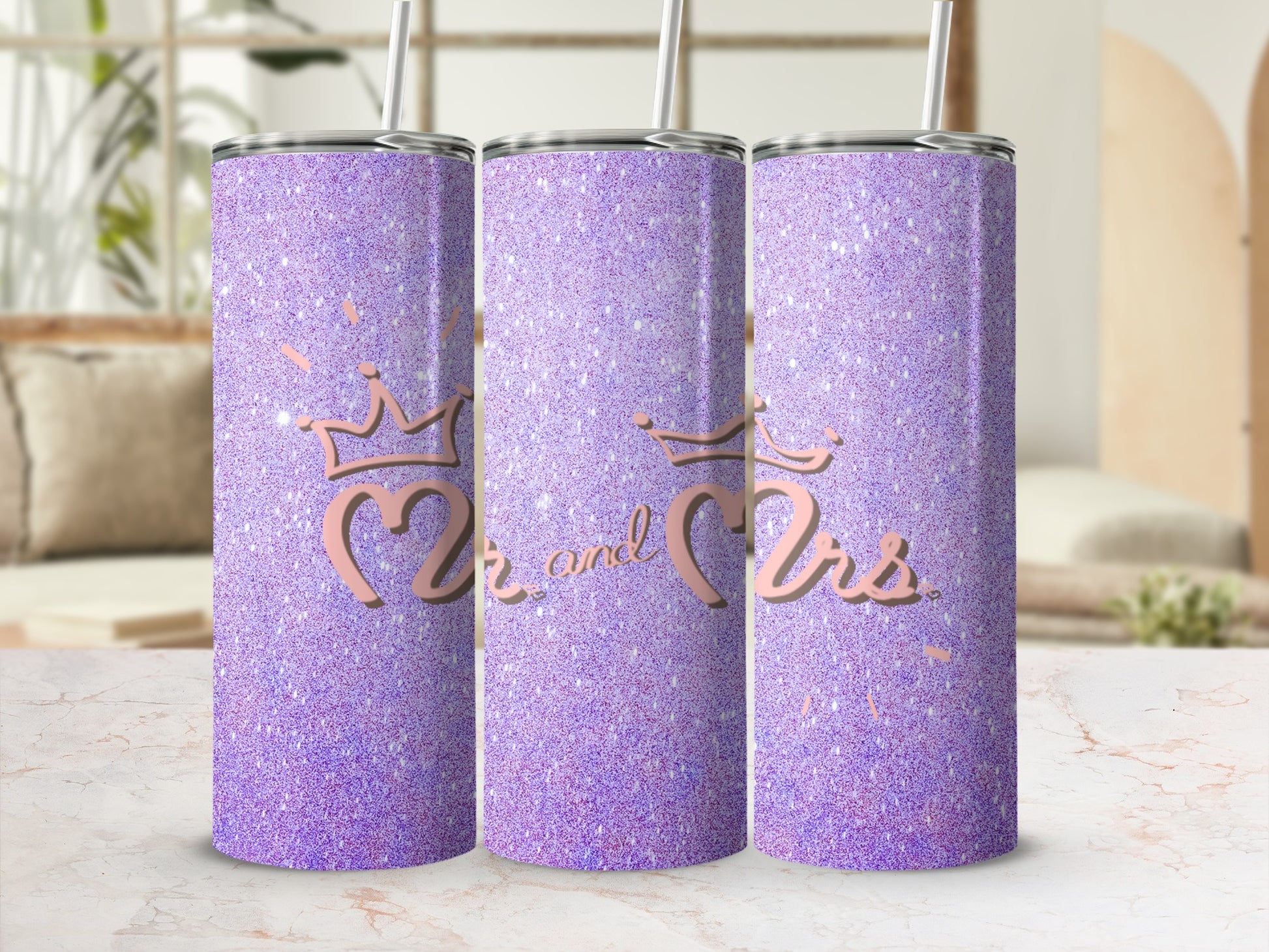 Purple glitter tumbler with "Mr. and Mrs." text and crowns.