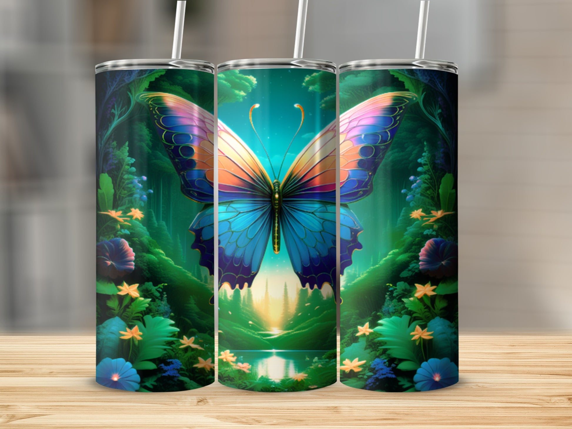 Tall tumbler with glowing butterfly over enchanted forest landscape.