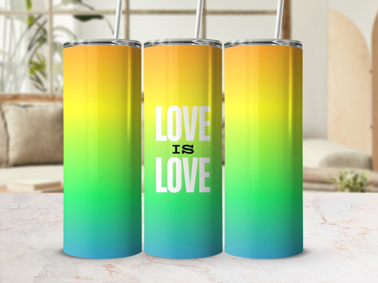 Three tumblers with a rainbow gradient and "LOVE IS LOVE" text.