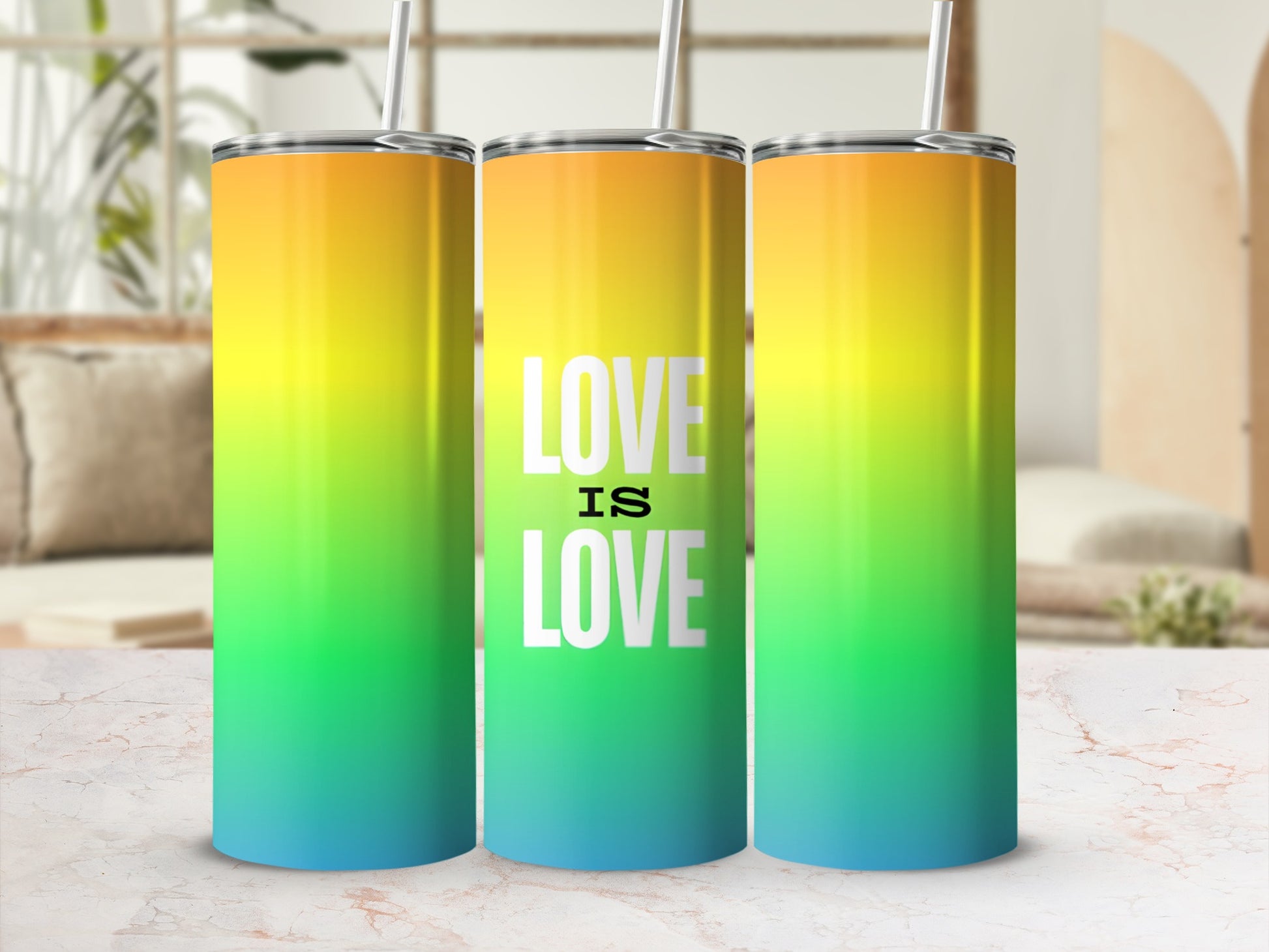 Three tumblers with a rainbow gradient and "LOVE IS LOVE" text.