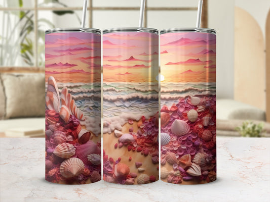 Beach scene with seashells and sunset depicted on three tumblers.