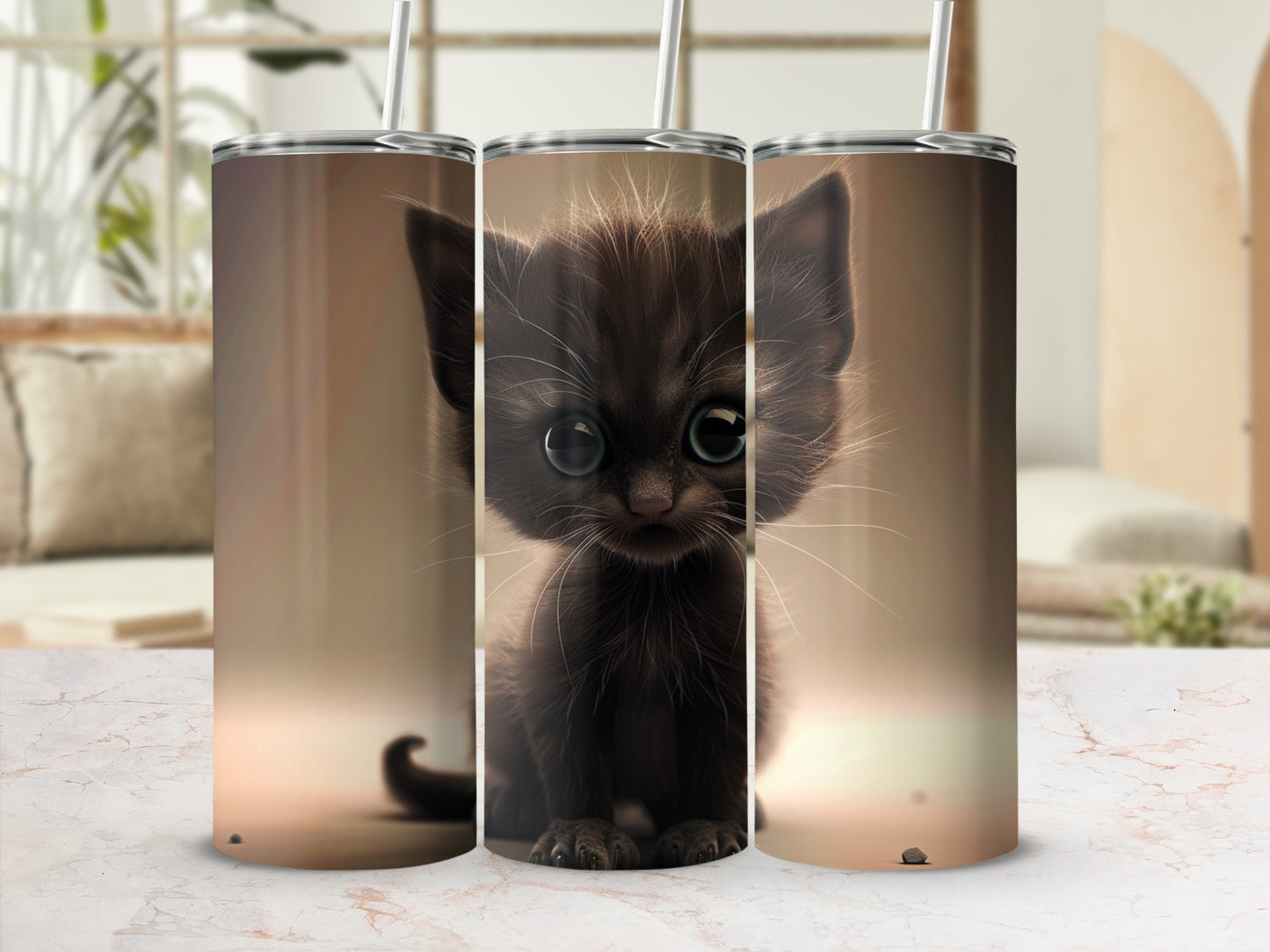 Black kitten with large blue eyes on a tumbler.