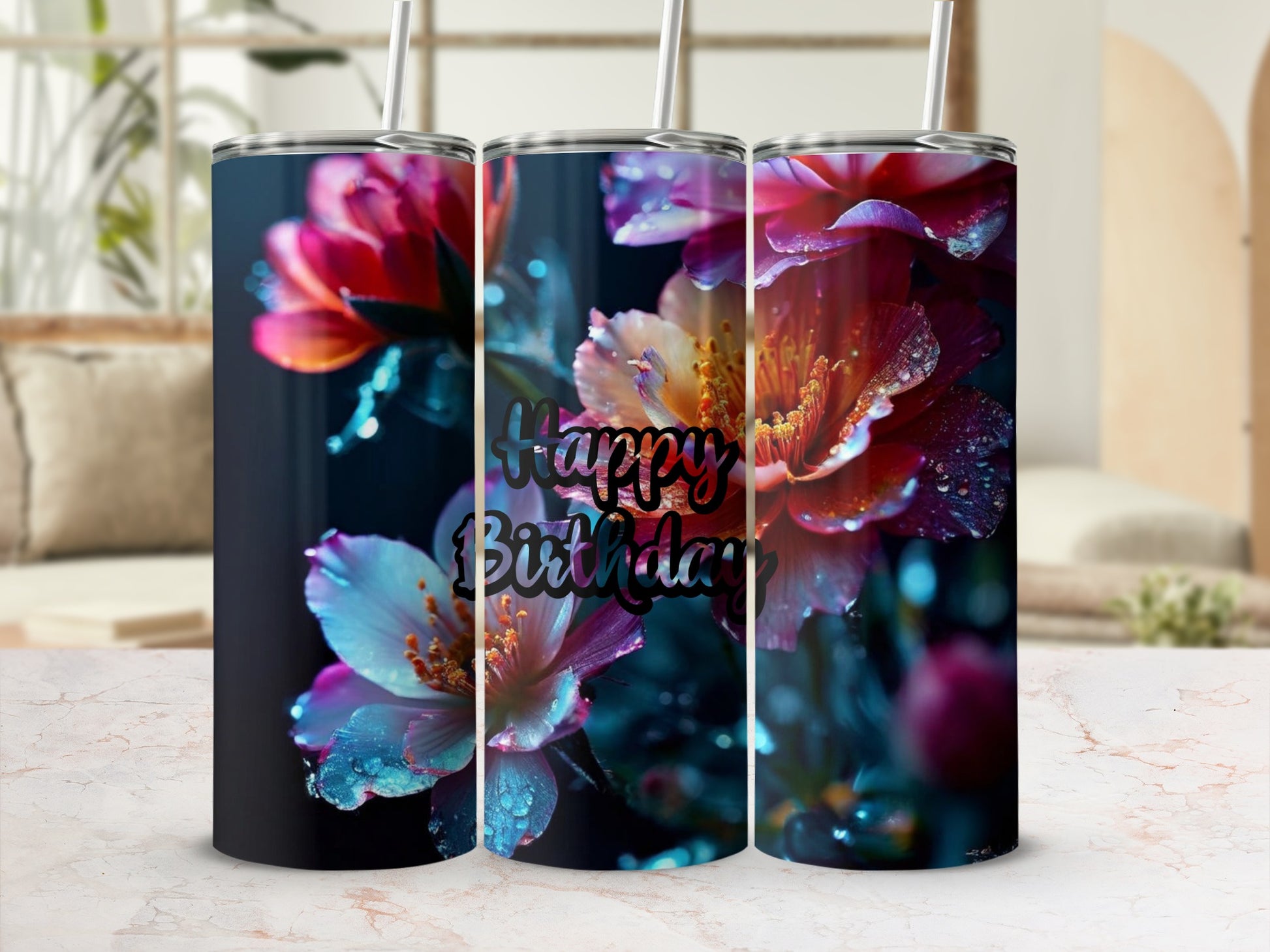 Floral tumbler with "Happy Birthday" text.