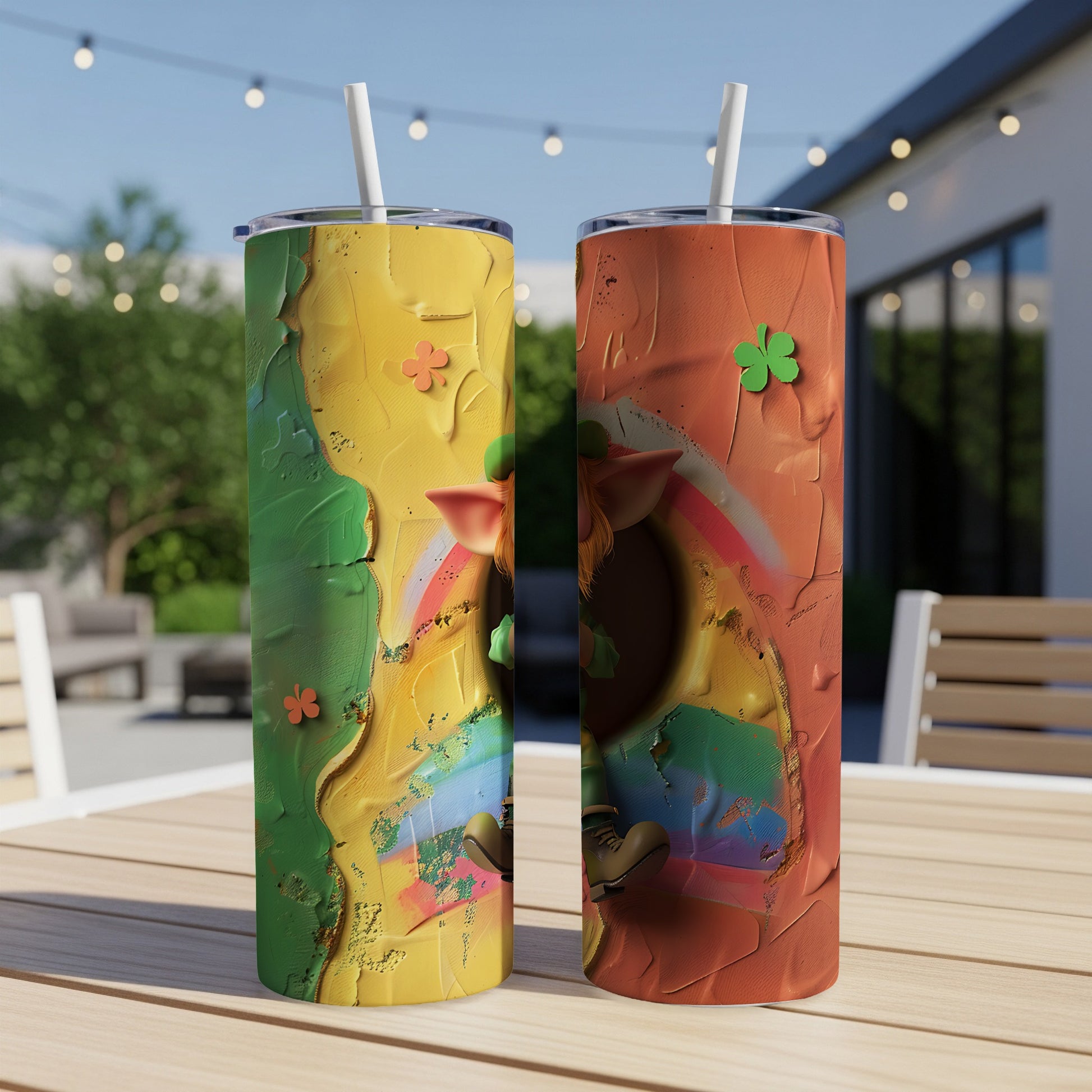 Two tumblers featuring a cartoon leprechaun and shamrocks against textured, colorful backgrounds.