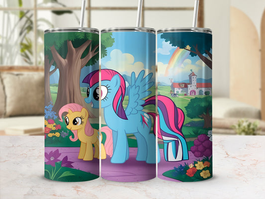 Pink and blue ponies with rainbow wings in a whimsical outdoor setting.