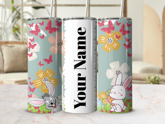 Cute Cartoon Bunny and Flowers Personalized Tumbler