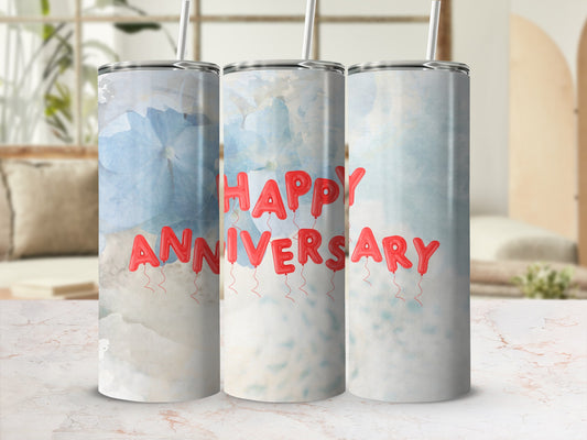 Three tumblers with red balloon letters spelling "Happy Anniversary" on a light background.