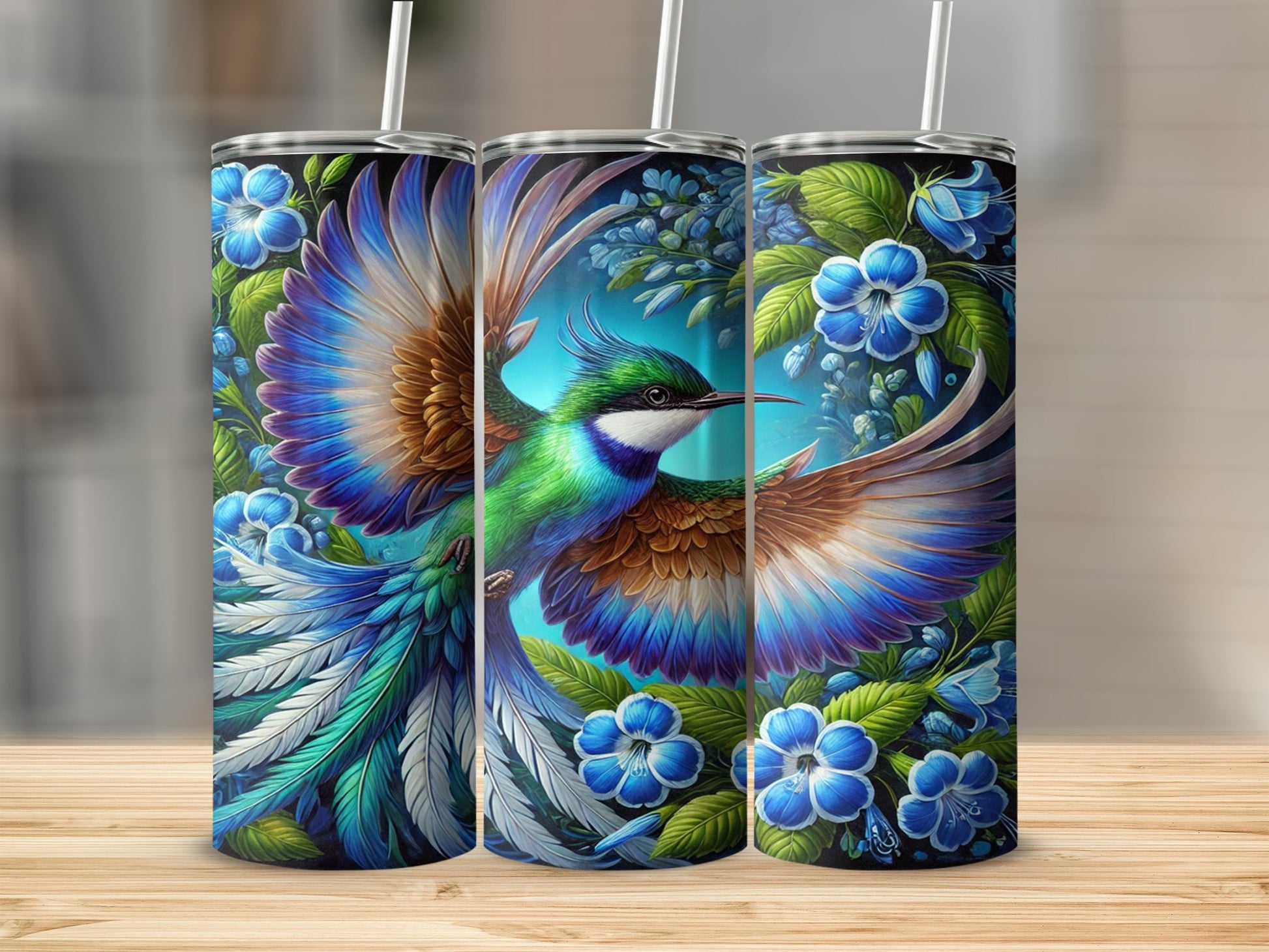 Colorful Hummingbird and Floral Artwork Tumbler