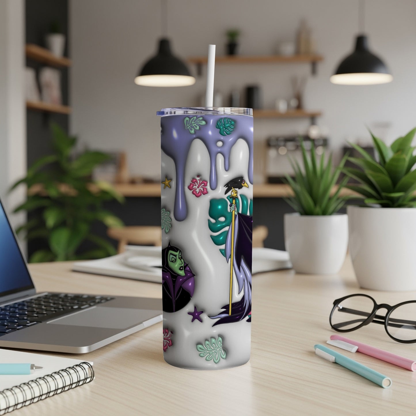 Maleficent and Diaval on a purple and white dripping tumbler with flowers.