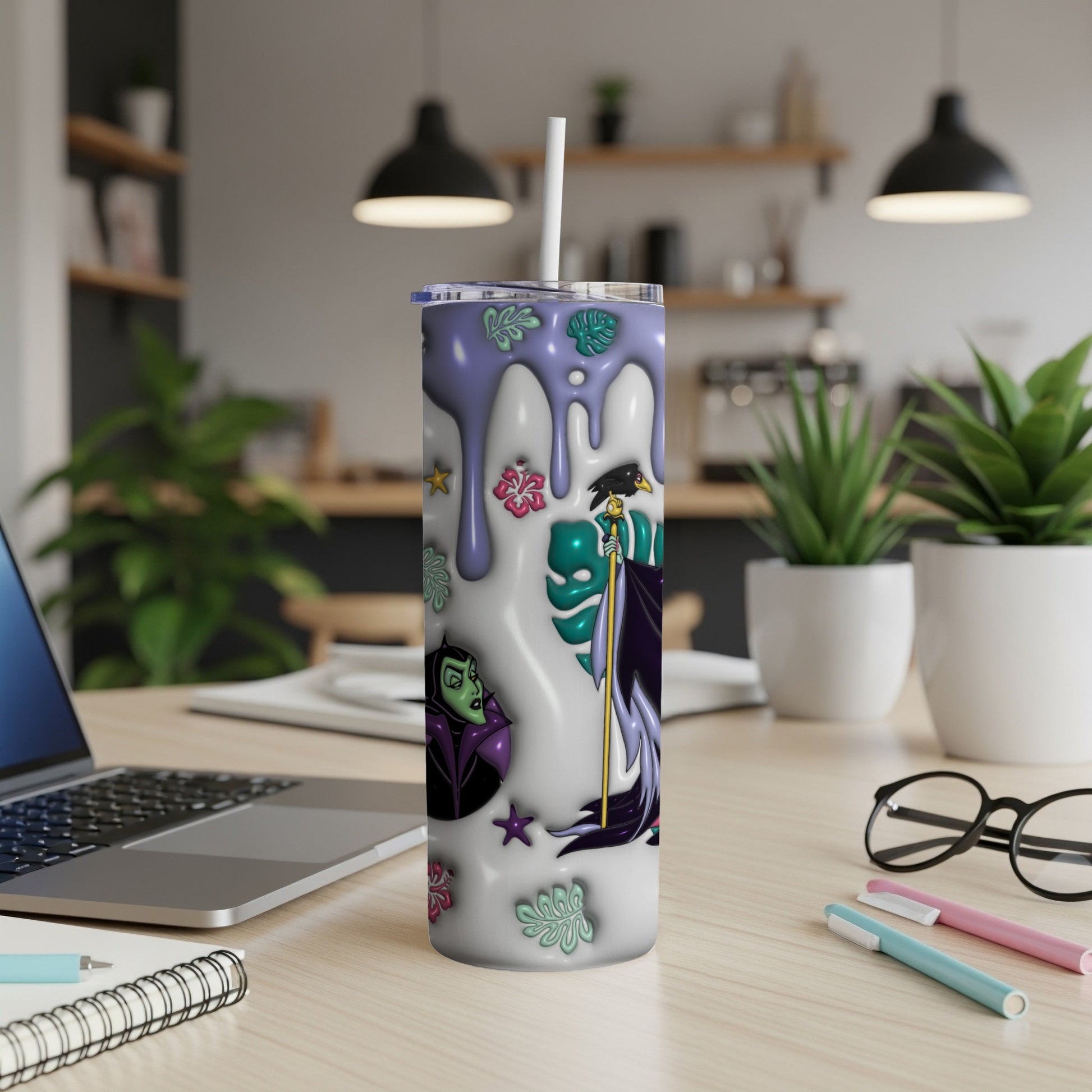 Maleficent and Diaval on a purple and white dripping tumbler with flowers.