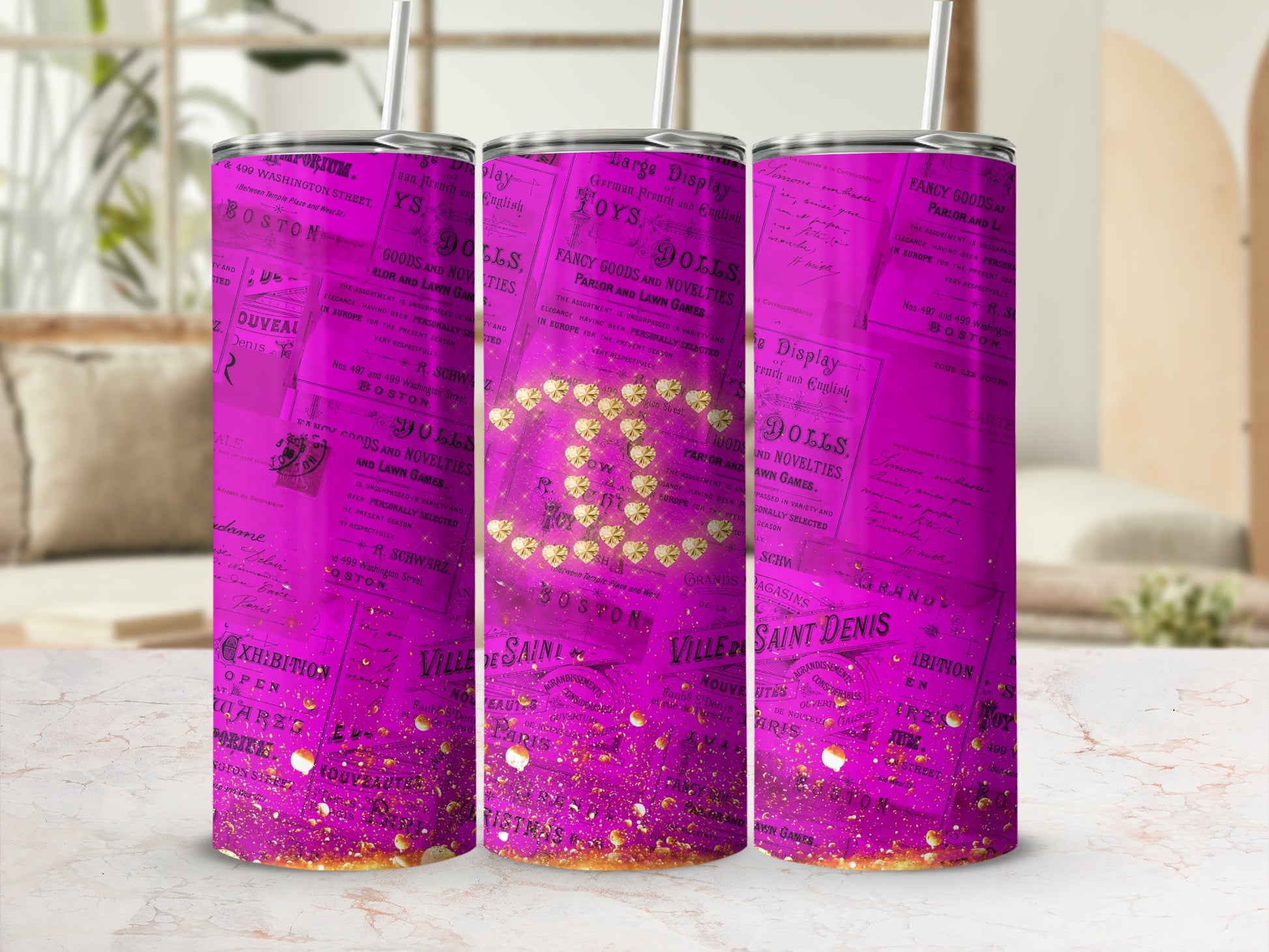 Pink and Gold Text Newsprint Design Tumbler Product