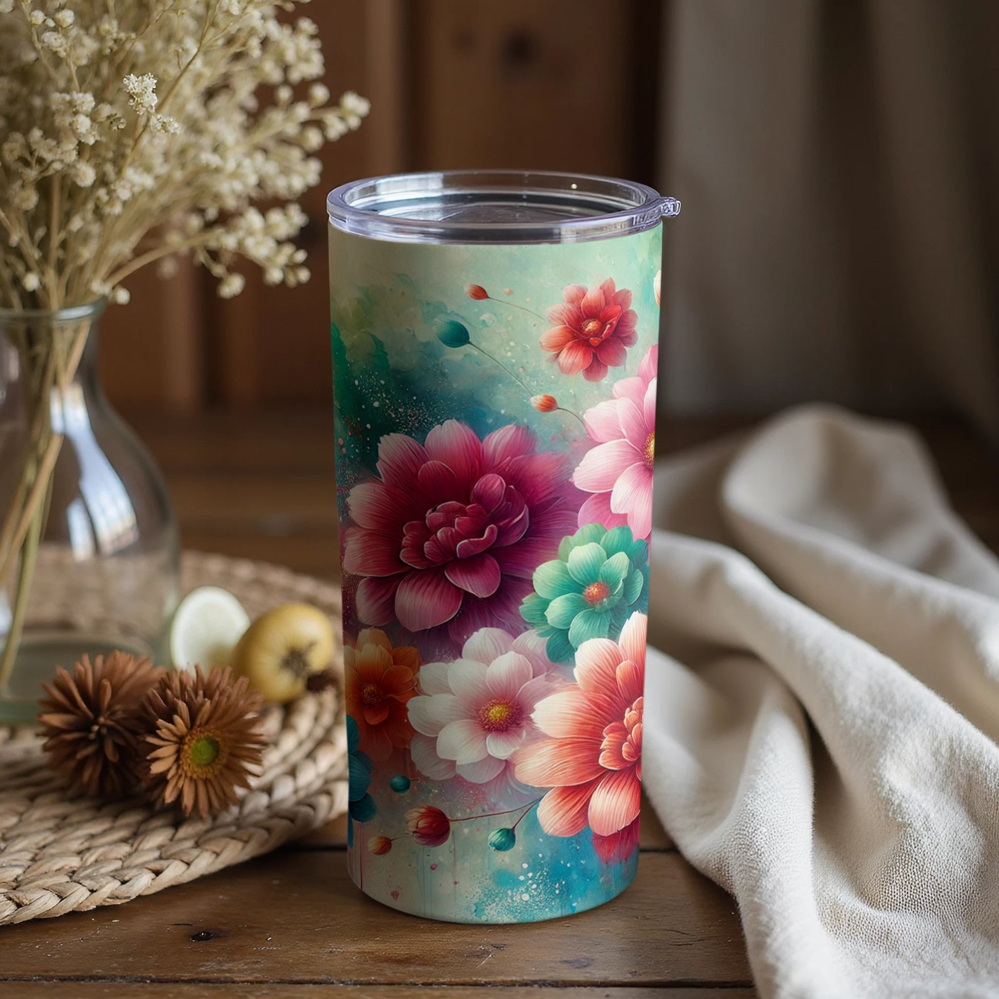 Vibrant Floral Patterned Insulated Travel Tumbler Product