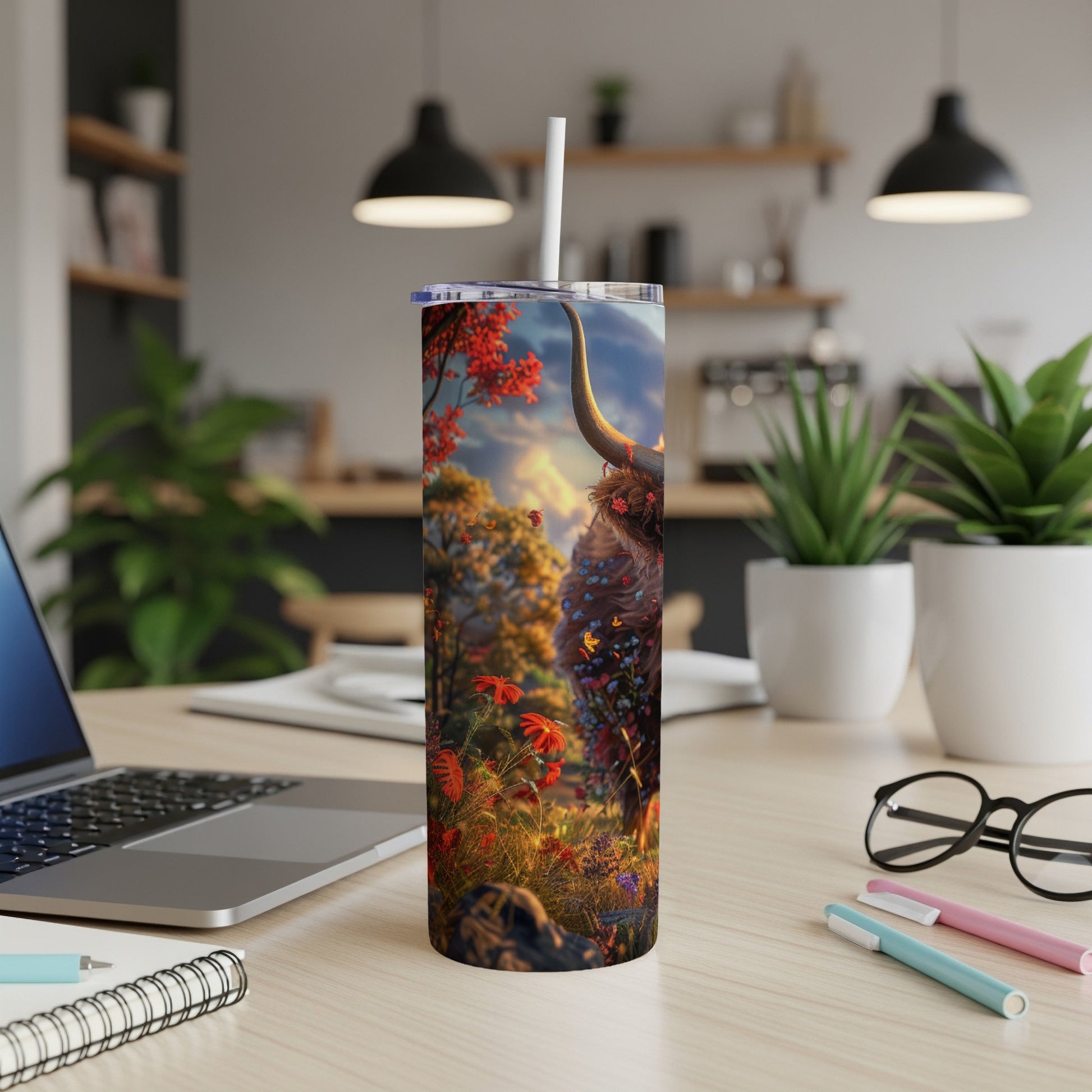 Highland cow with flowers and trees on a tumbler with straw.