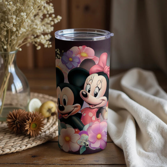 Cute Mickey and Minnie Mouse Floral Pattern Tumbler
