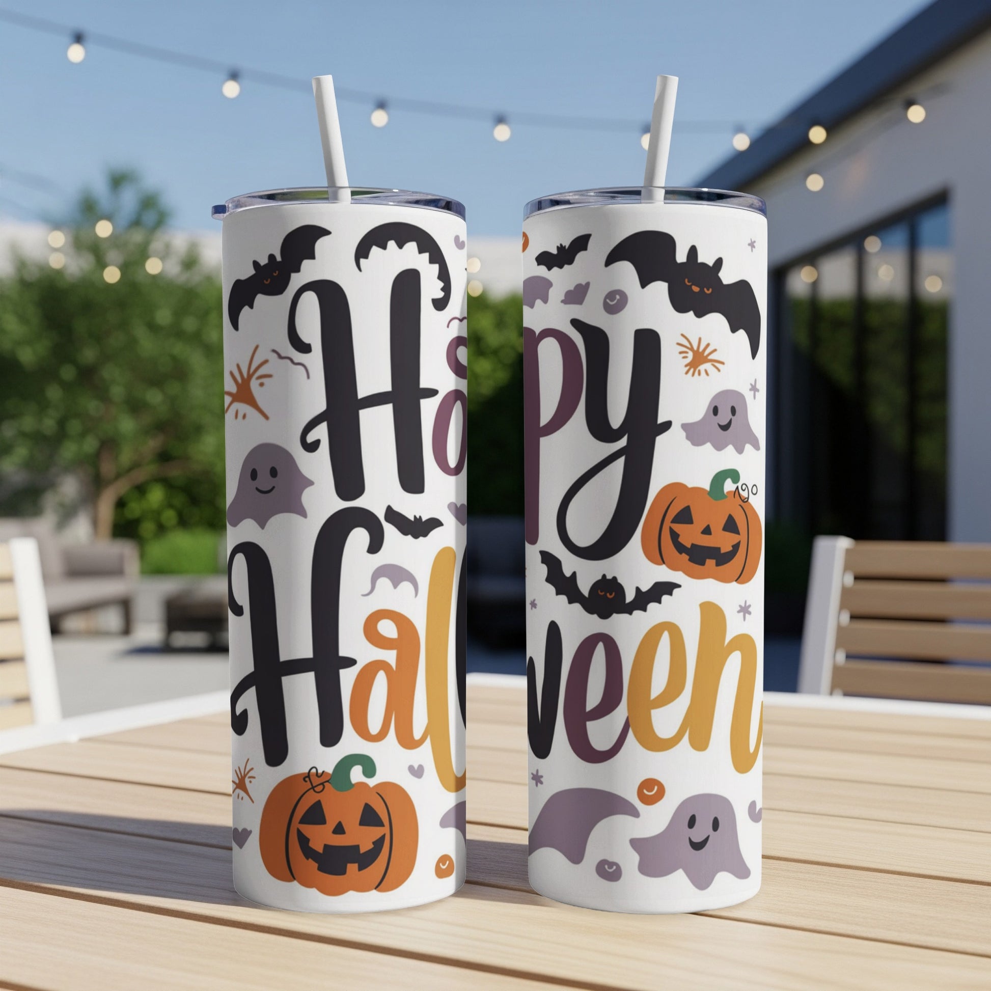 Two tumblers with "Happy Halloween" text and Halloween-themed graphics.