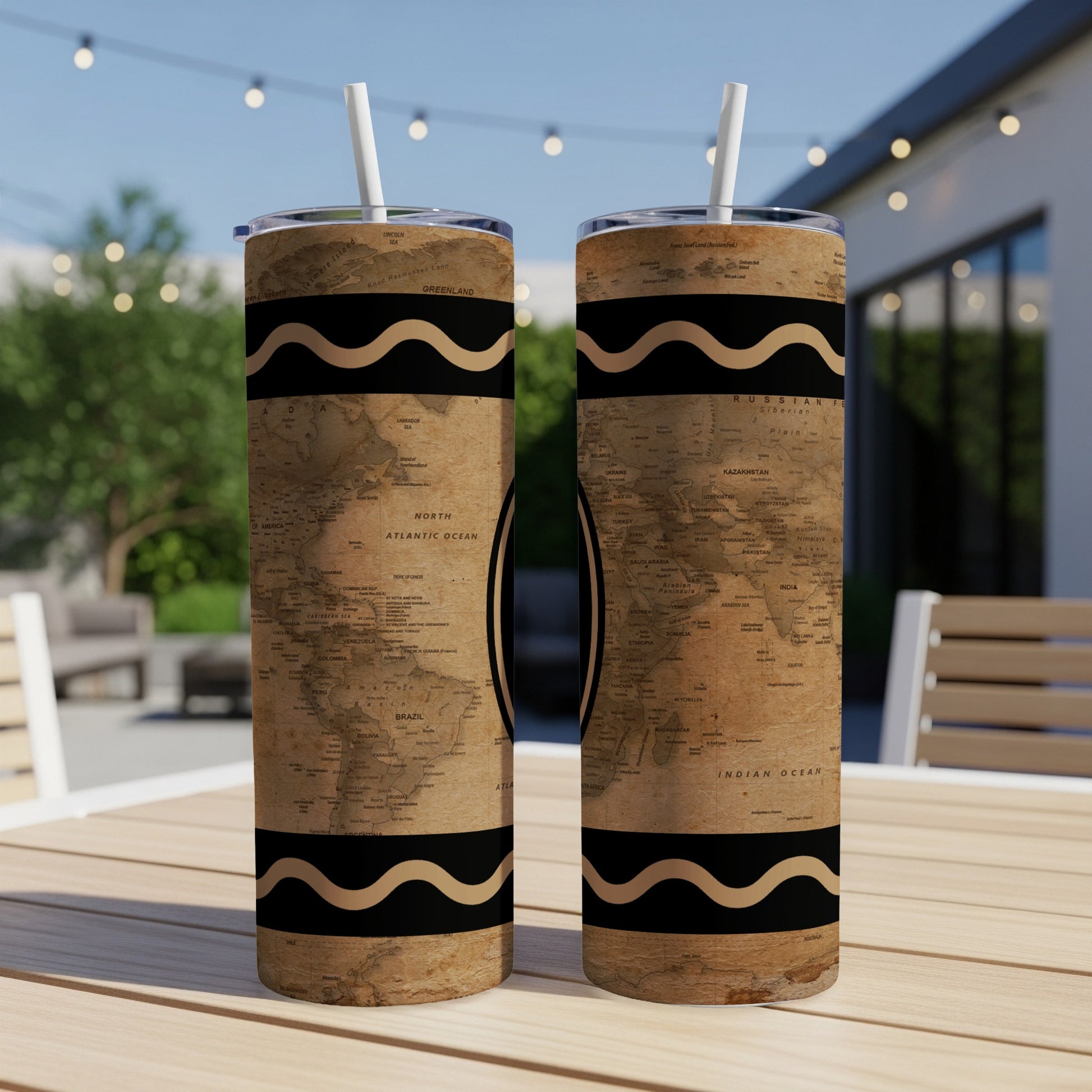 Tall tumbler featuring a world map design with black wavy bands.