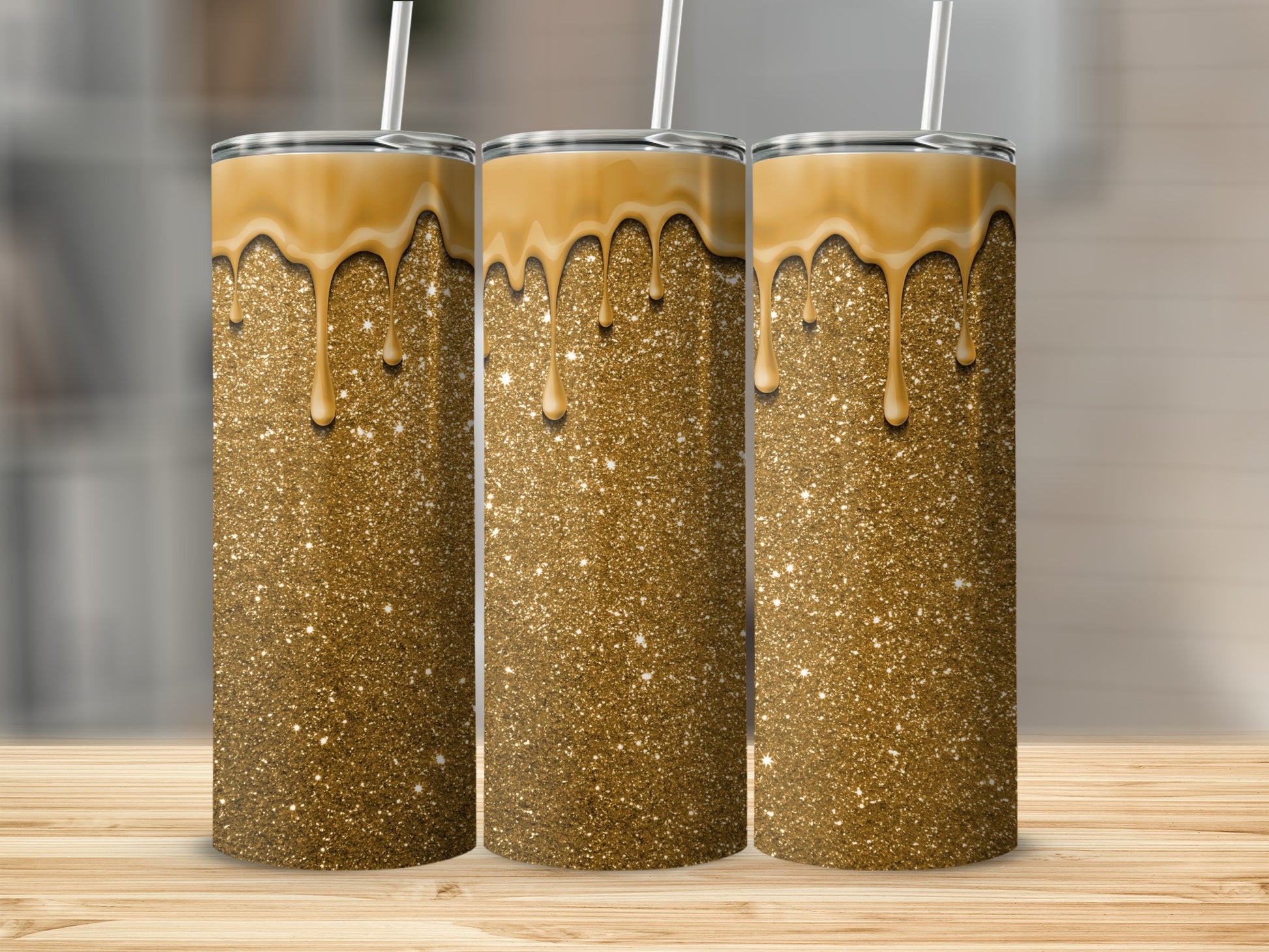 Glittering Gold Tumblers with Dripping Caramel Design