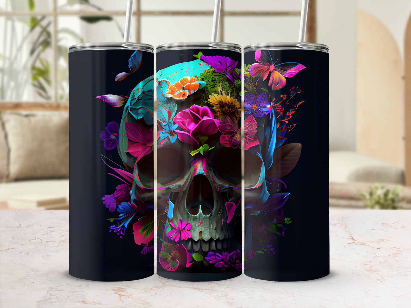 Vibrant Floral Skull Design Insulated Tumbler