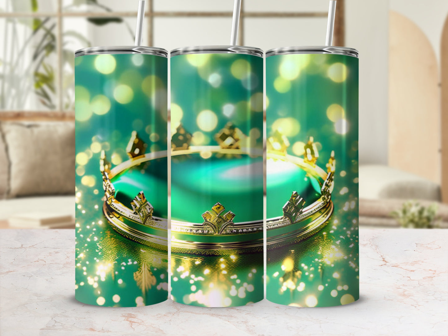 Green tumbler with a golden crown and bokeh lights.