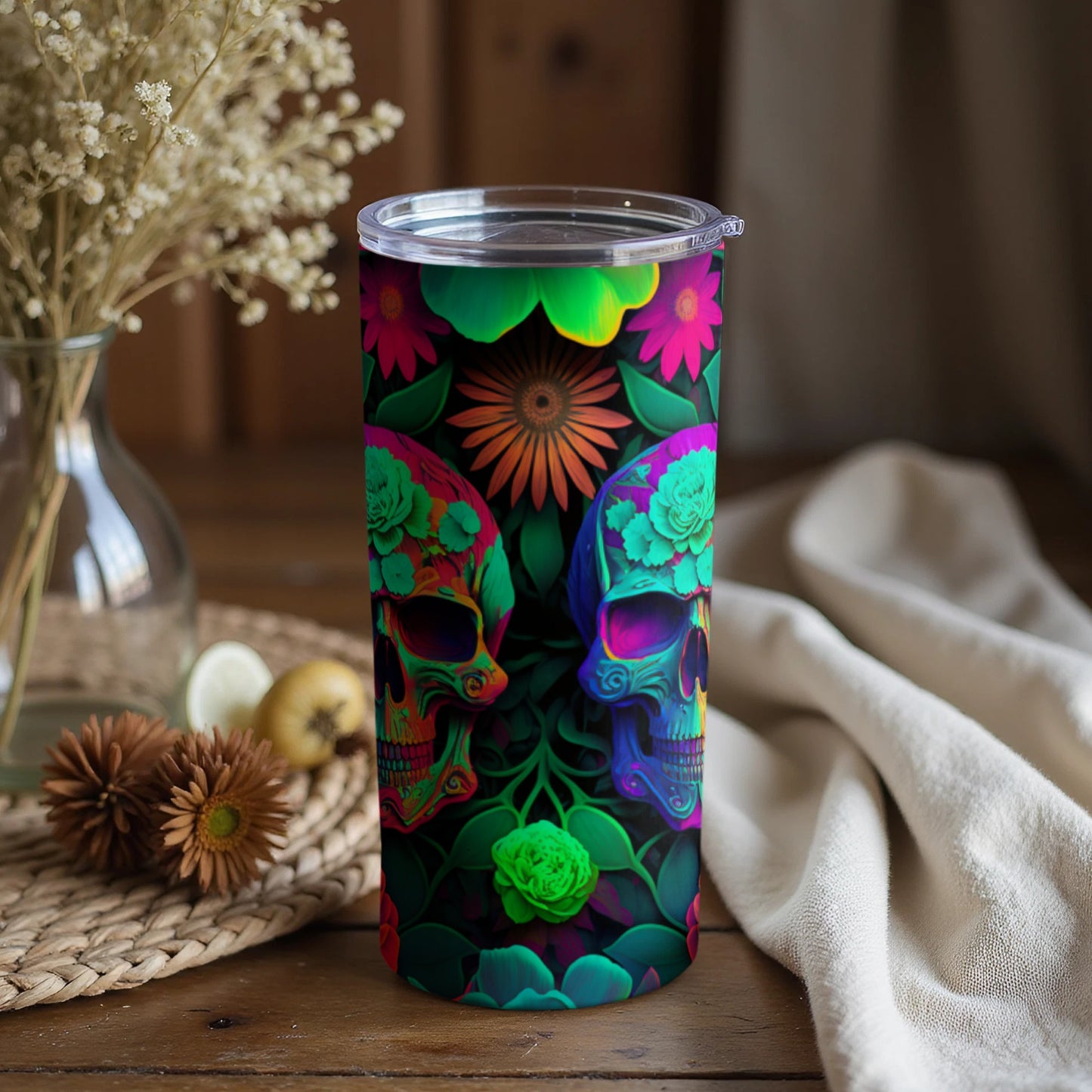 Colorful Floral Skull Tumbler for a Unique Beverage Experience