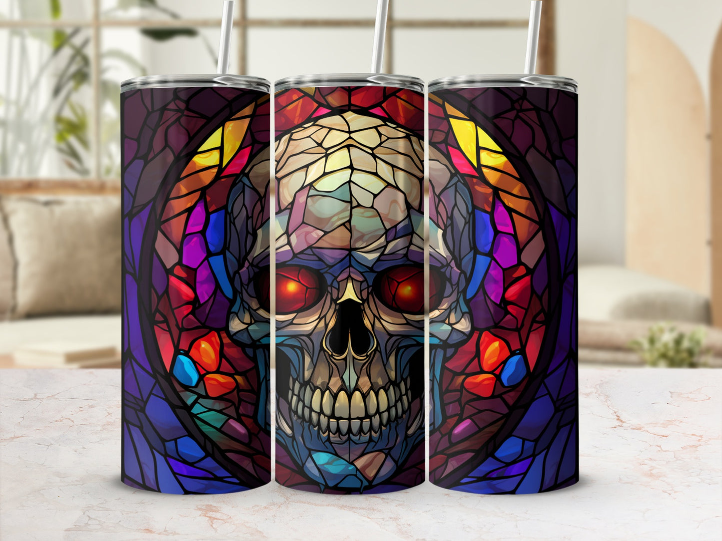 Three stained glass tumblers featuring a skull with red eyes against a dark background.
