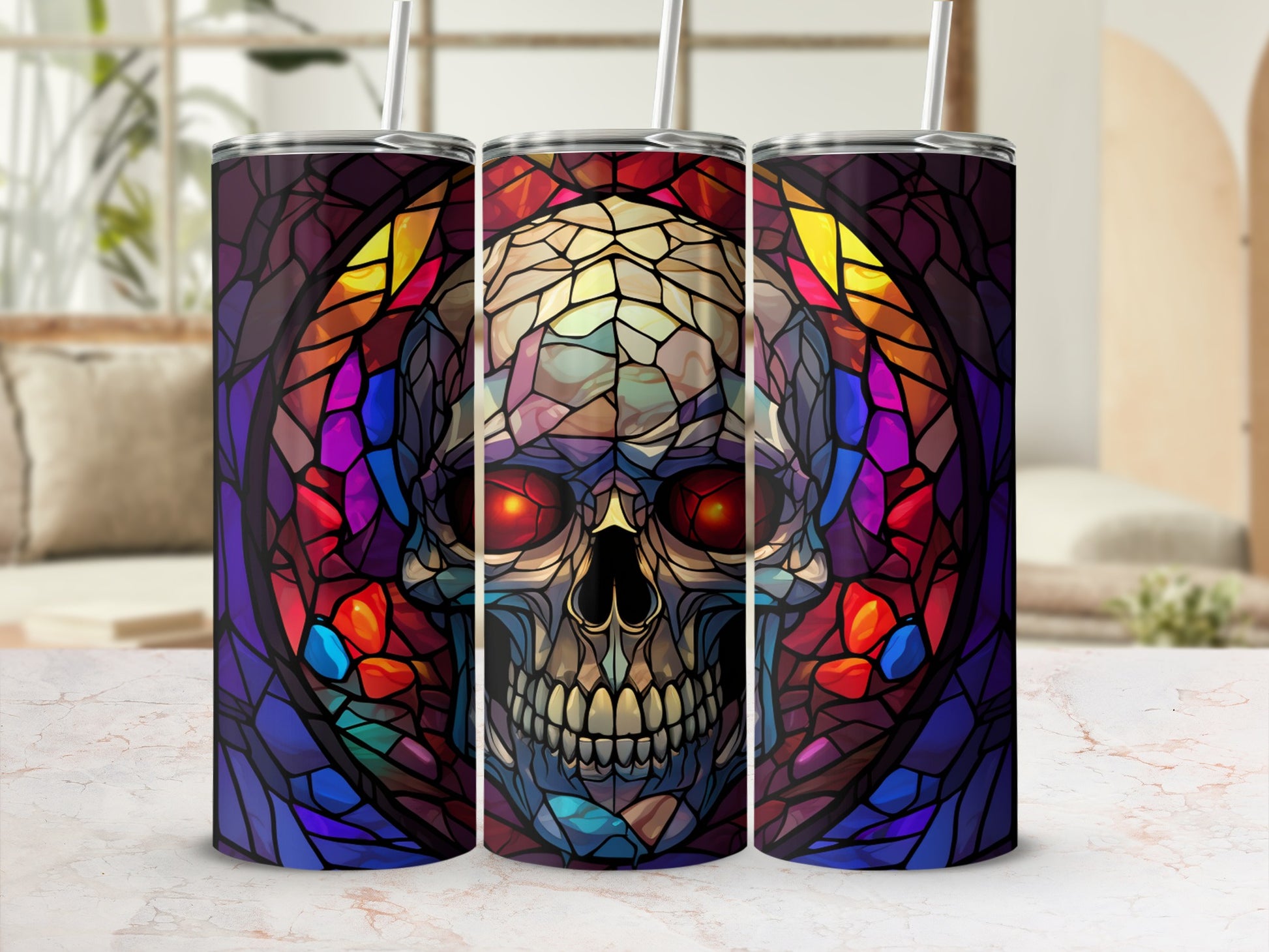 Three stained glass tumblers featuring a skull with red eyes against a dark background.