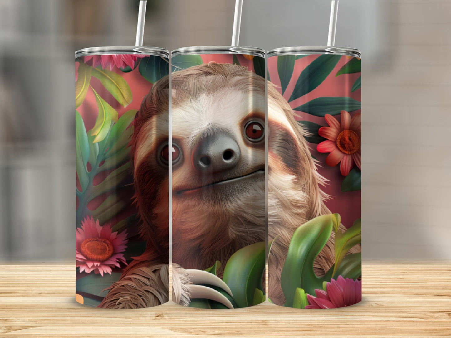 Three tumblers featuring a realistic sloth portrait surrounded by tropical leaves and pink flowers.