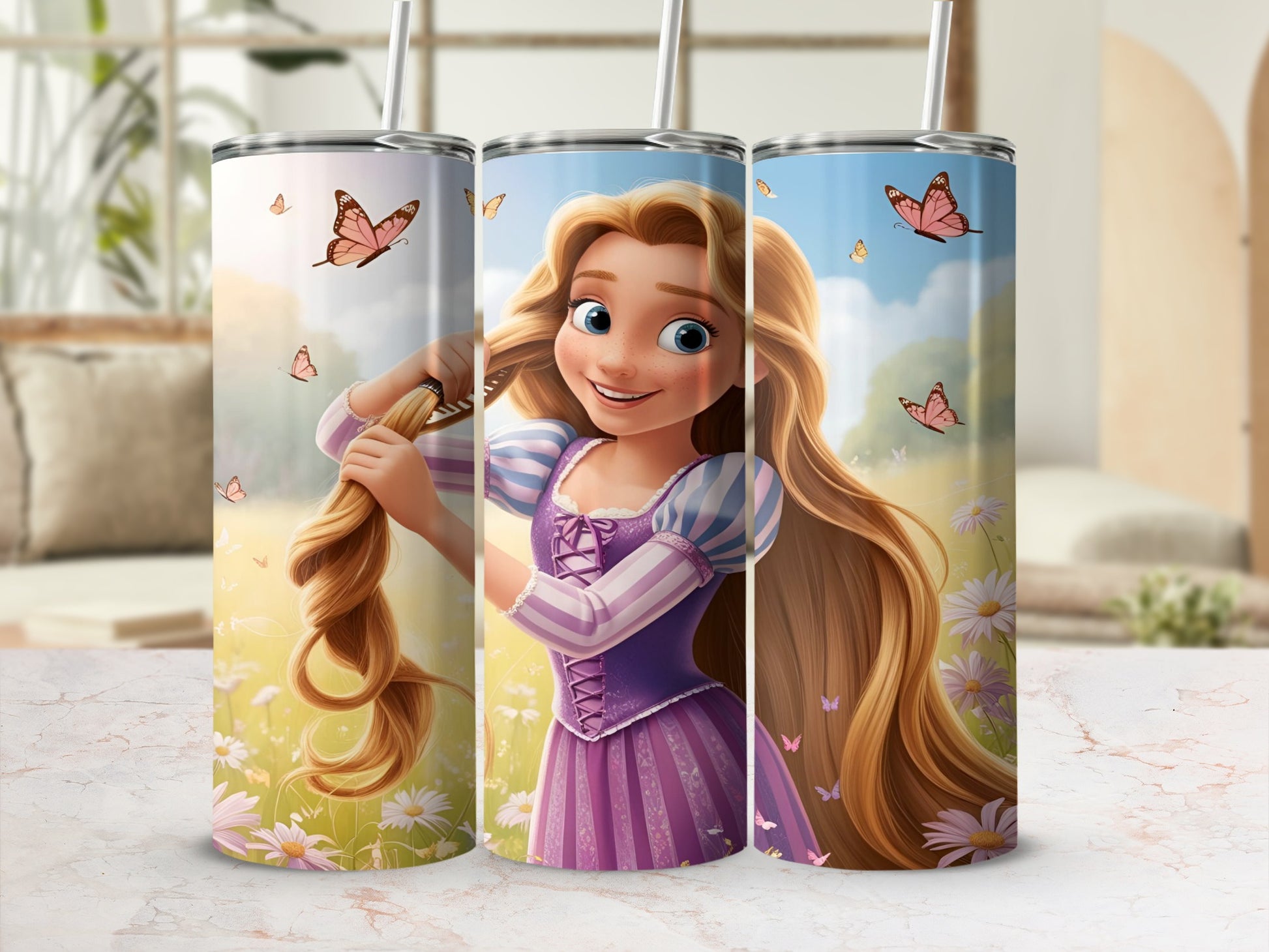Rapunzel in purple dress brushing long blonde hair, surrounded by butterflies and daisies.