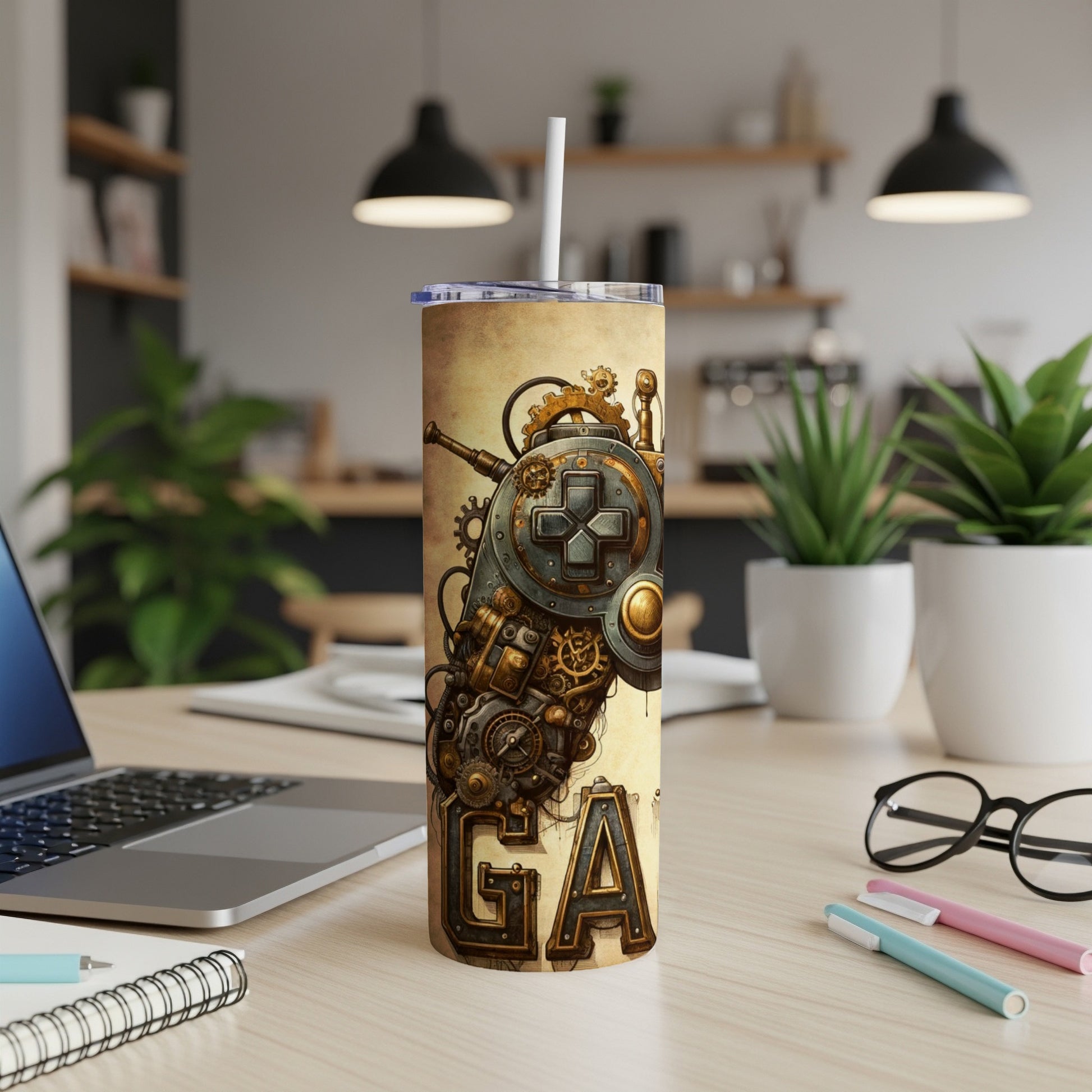 Steampunk-themed gaming controller design on a stainless steel tumbler.