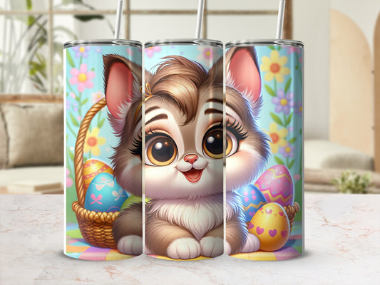 Cute cartoon cat with Easter eggs in a basket.