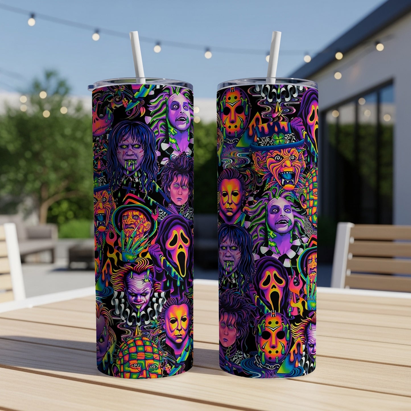 Two tumblers with a collage of horror movie villains in a vibrant, psychedelic style.