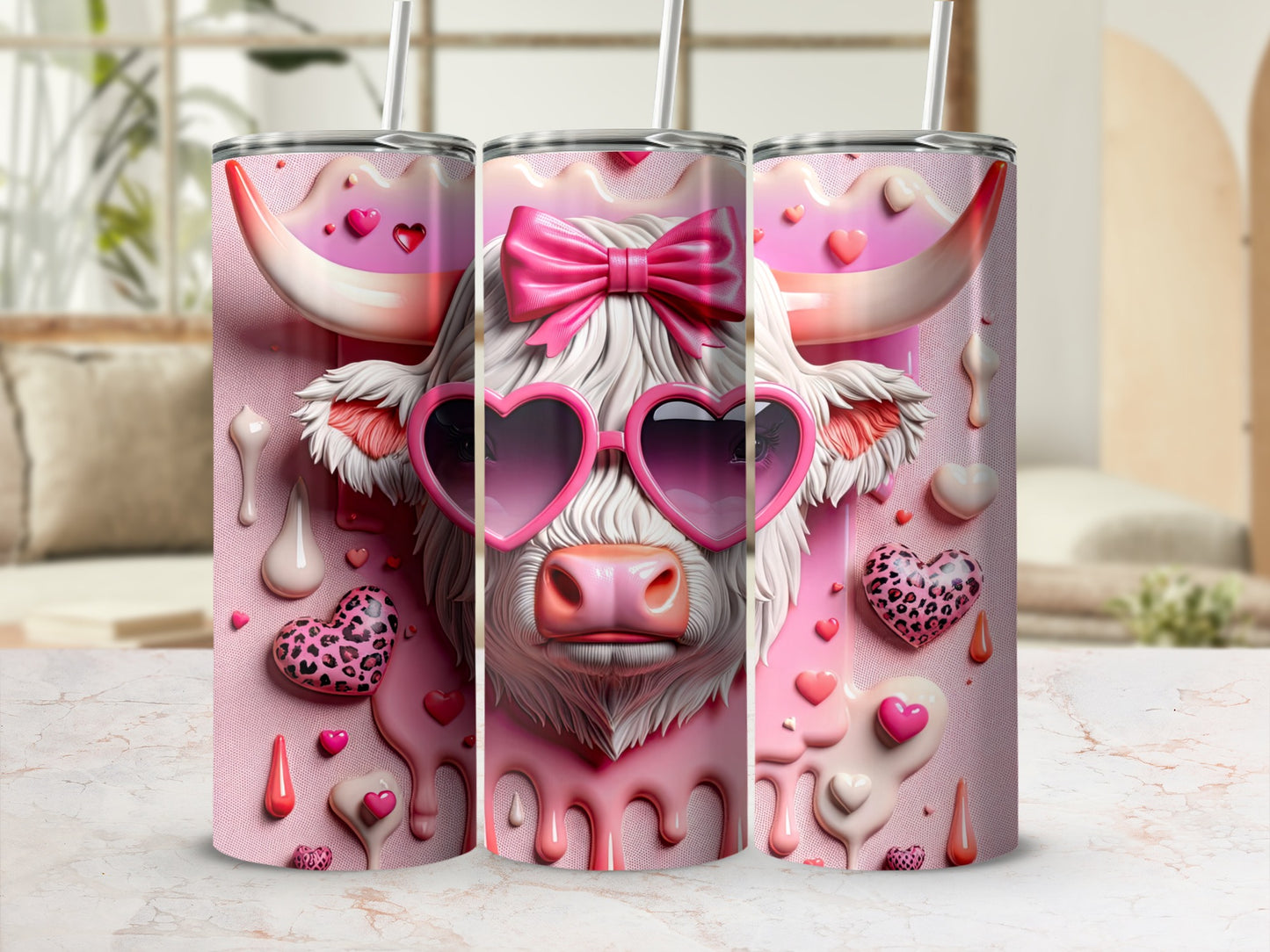 Pink Highland cow with heart sunglasses and bow on tumbler.