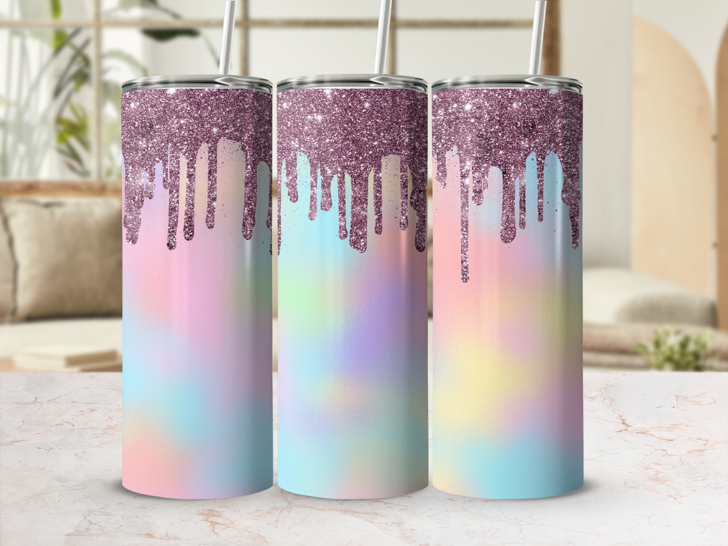 Three tumblers with purple glitter drip and pastel tie-dye design.