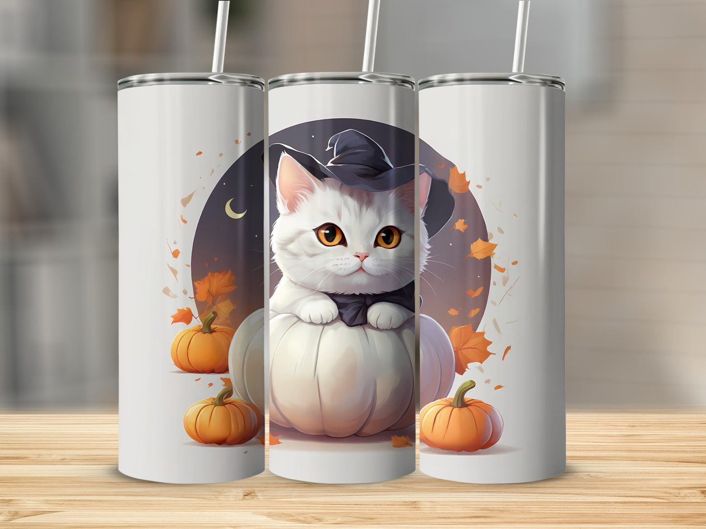White cat in witch hat on pumpkin, autumn leaves, moon.