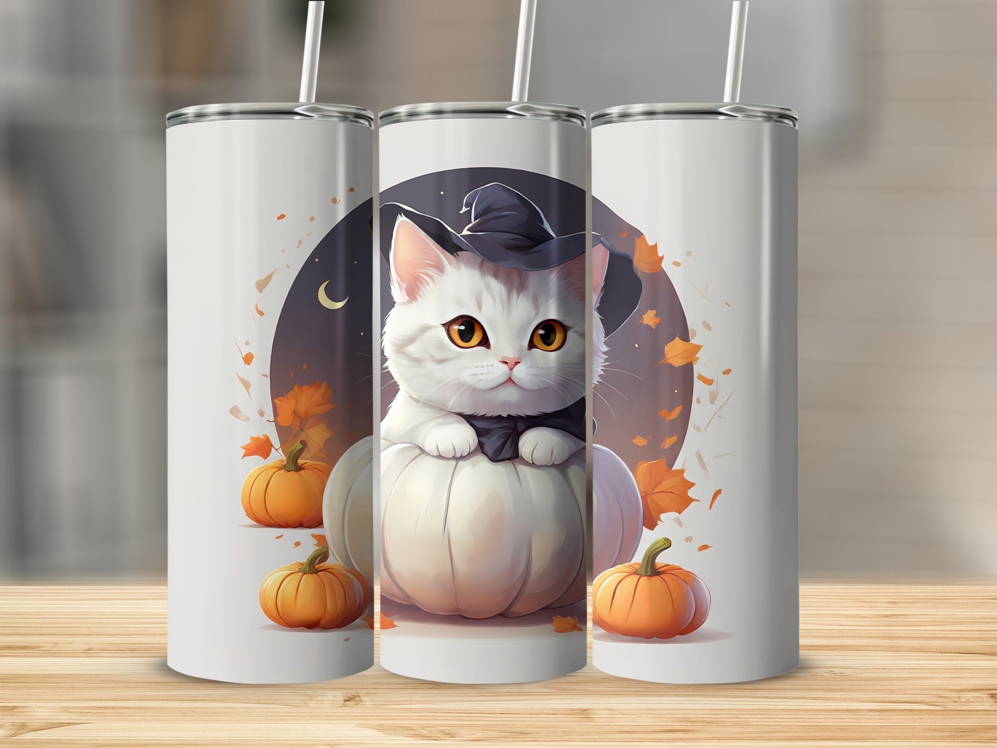White cat in witch hat on pumpkin, autumn leaves, moon.
