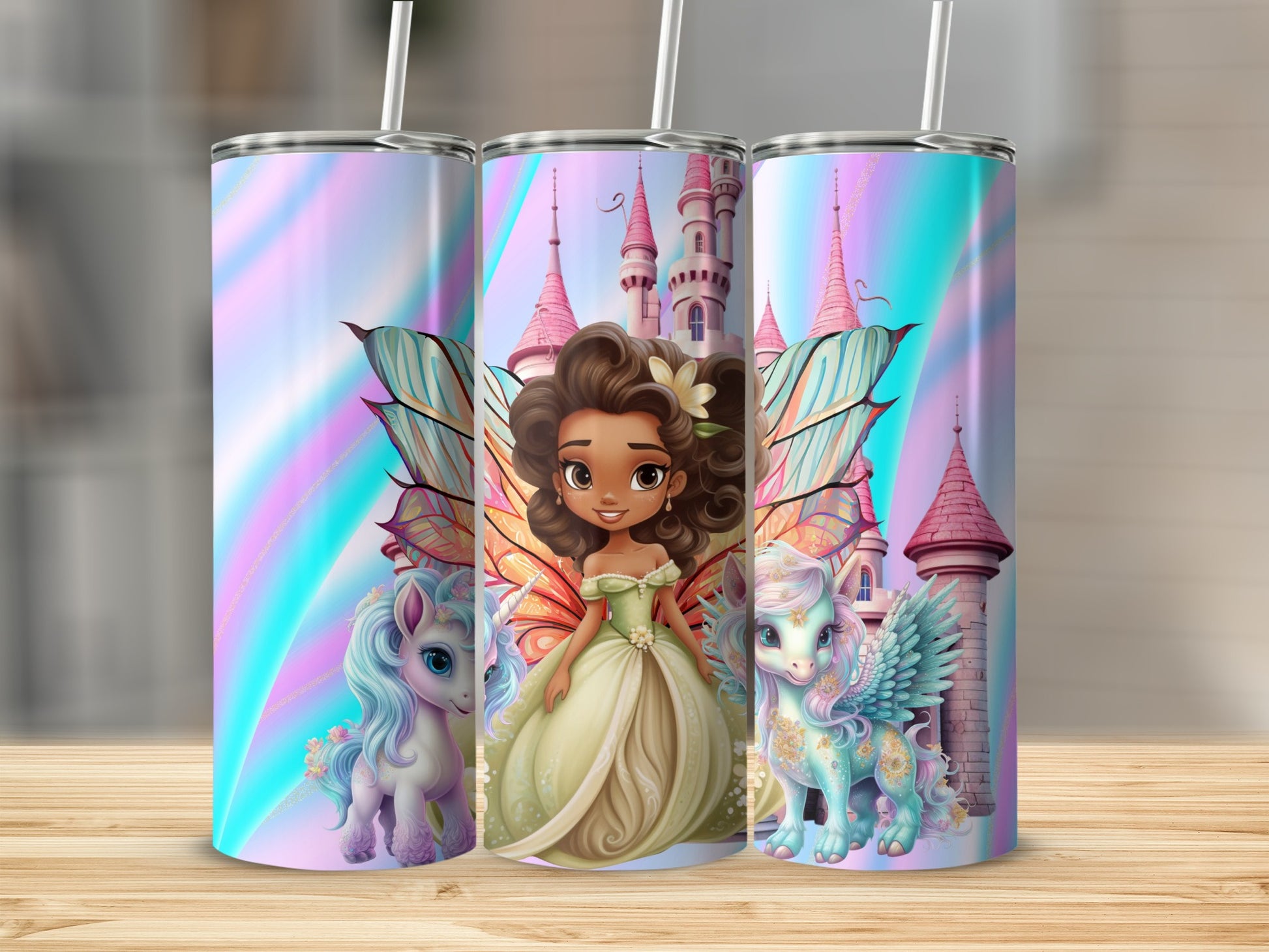 Fantasy Fairy and Unicorn Castle Tumbler Cup with Straw