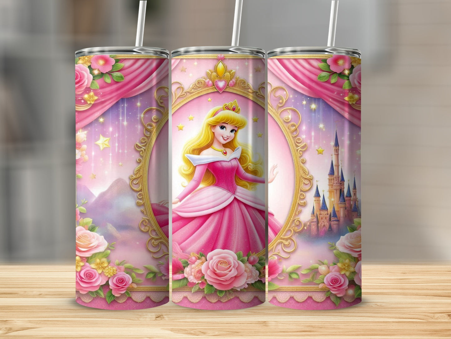 Aurora in pink dress with castle and floral border.