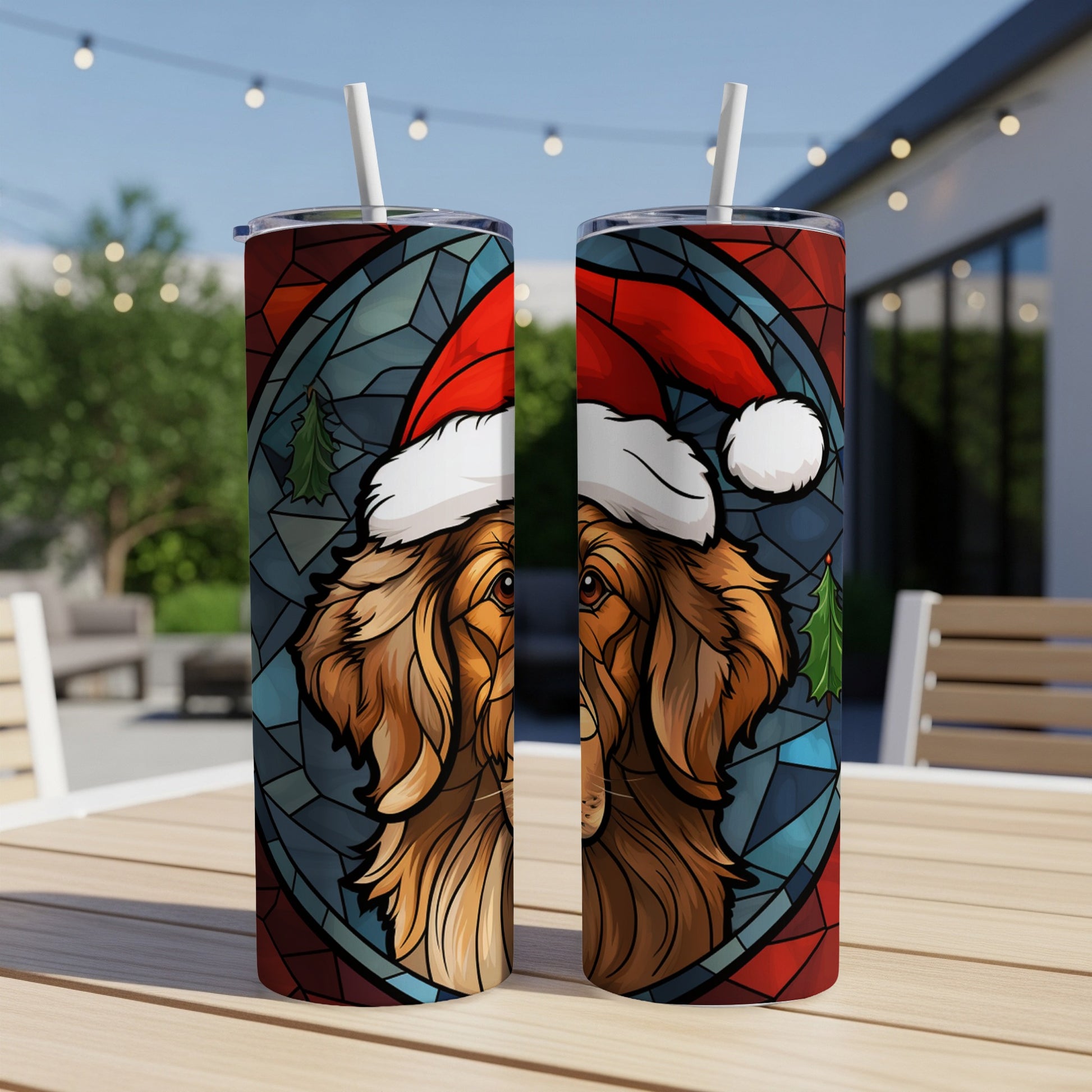 Two tumblers with a golden retriever in a Santa hat, framed by stained glass and Christmas trees.
