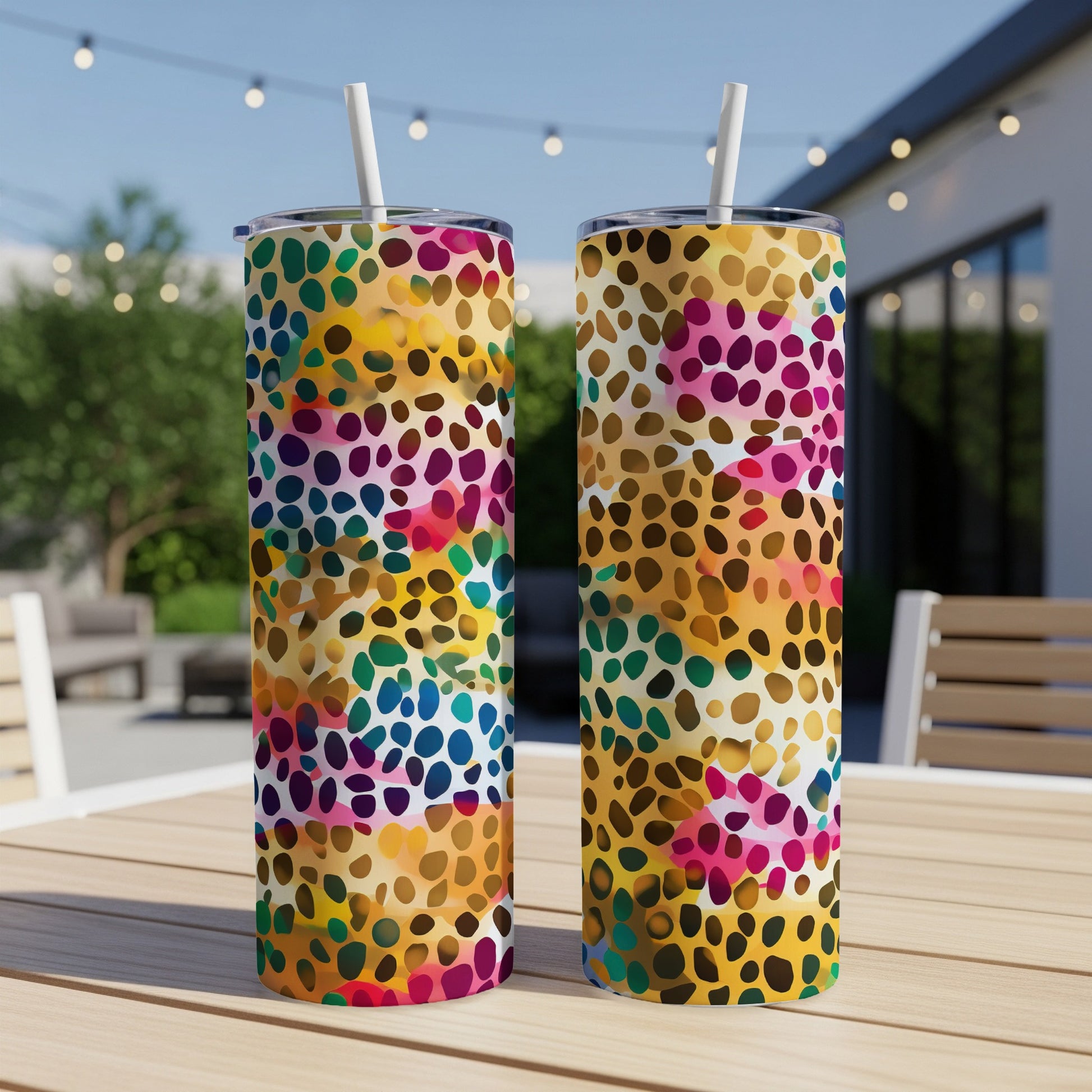 Two tumblers with a colorful leopard print pattern on a wooden table.