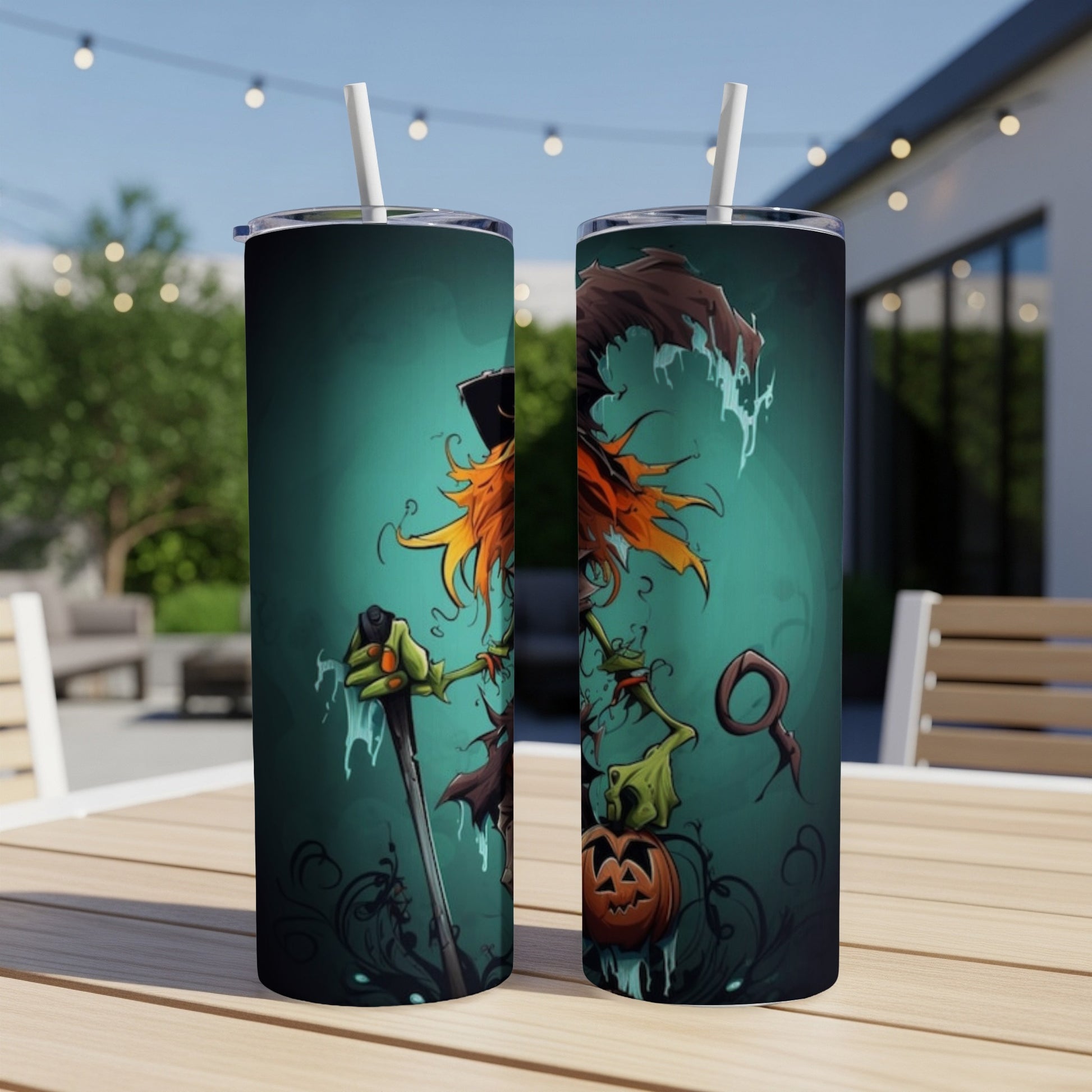 Two tumblers feature a spooky scarecrow holding a shovel and a jack-o'-lantern.