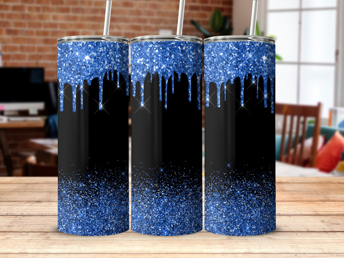 Blue and Black Glitter Drip Design Tumbler Product