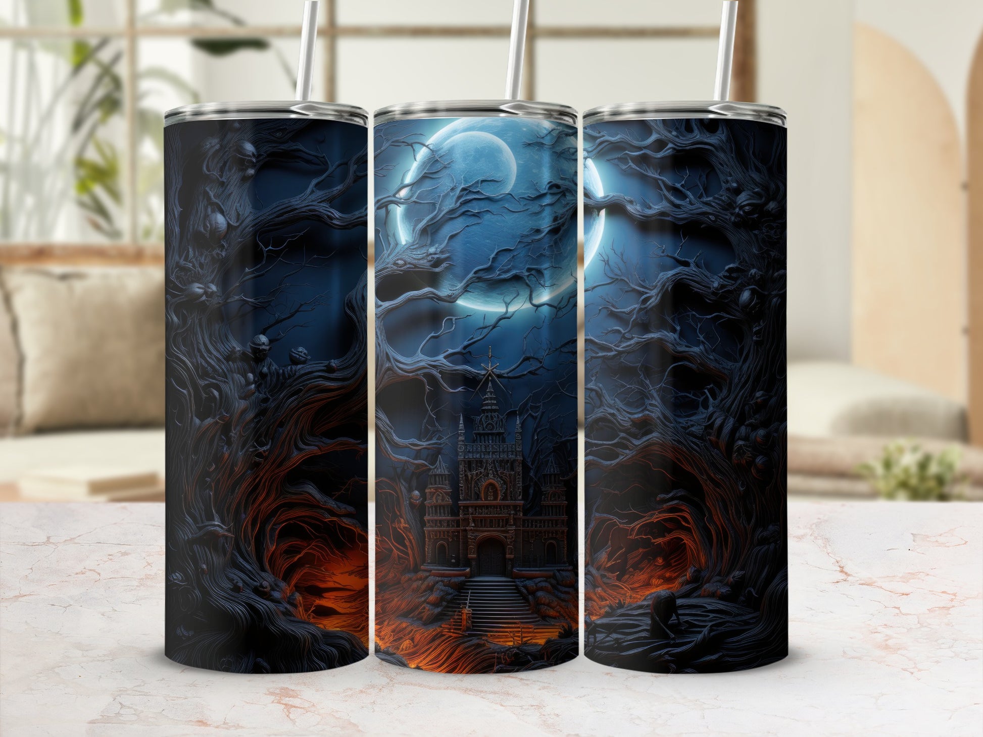 Three tumblers with spooky forest and castle designs under a full moon.