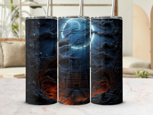 Three tumblers with spooky forest and castle designs under a full moon.